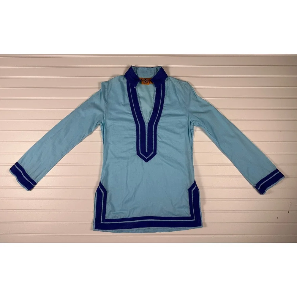 Tory Burch 100% Cotton Blue Tunic Resort Beach Cover Up Contrast Trim Size 4